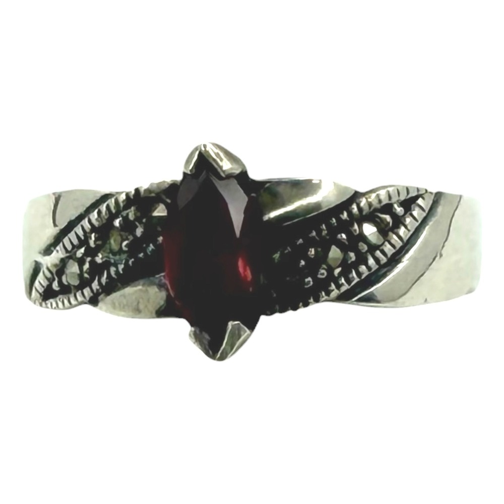 Vintage Marquise Ring Sterling Silver Size 9 Red Garnet Marcasite Accents